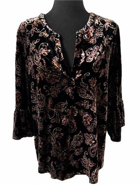 Jill Black Burnout Velvet Floral Paisley Tunic Blouse Size M